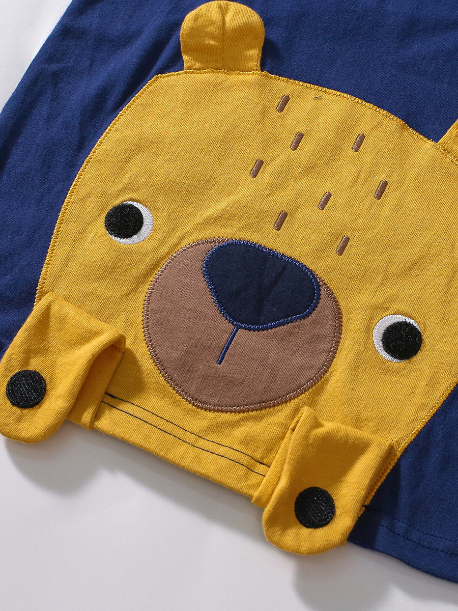 Navy blue cotton kids' shirt featuring a cute teddy bear cartoon pattern and appliqué embroidery, perfect for spring and autumn wear.