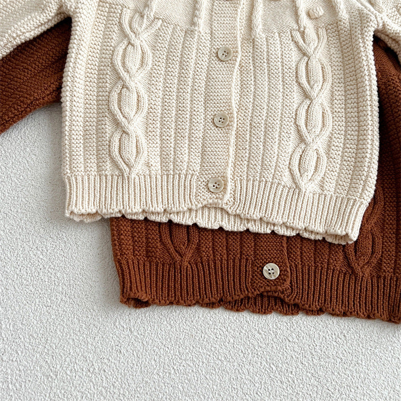 A beige and coffee long-sleeved cardigan for baby girls featuring a playful hairball design, made from soft cotton material.