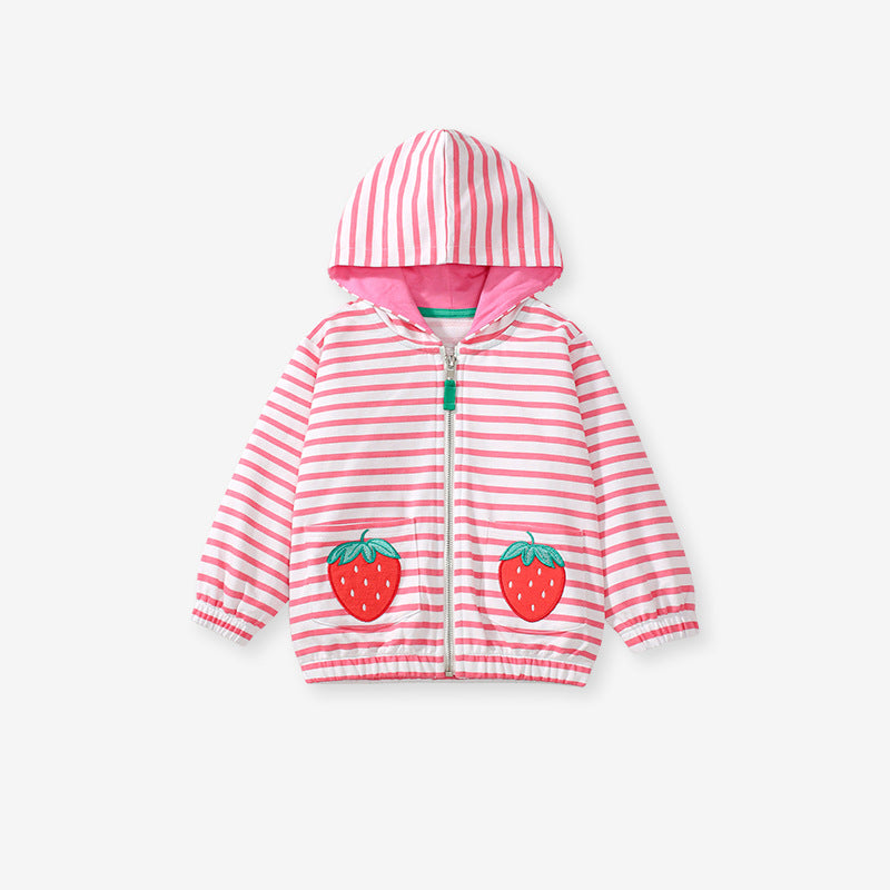 Pink zipper for baby girls featuring a strawberry cartoon design and striped pattern, made from soft cotton material.