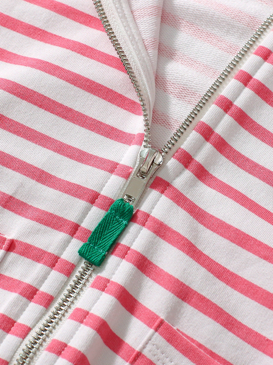 Pink zipper for baby girls featuring a strawberry cartoon design and striped pattern, made from soft cotton material.