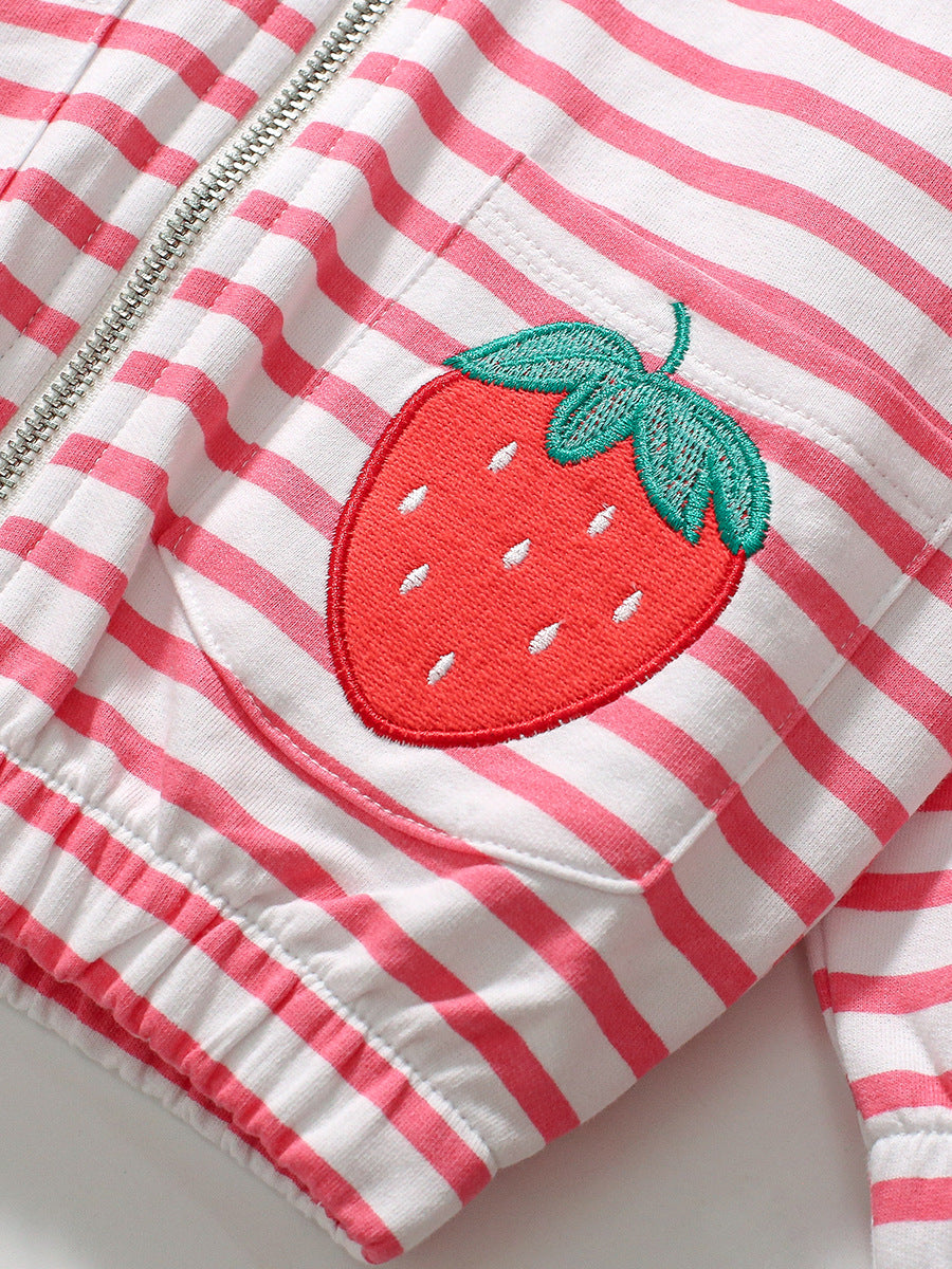 Pink zipper for baby girls featuring a strawberry cartoon design and striped pattern, made from soft cotton material.