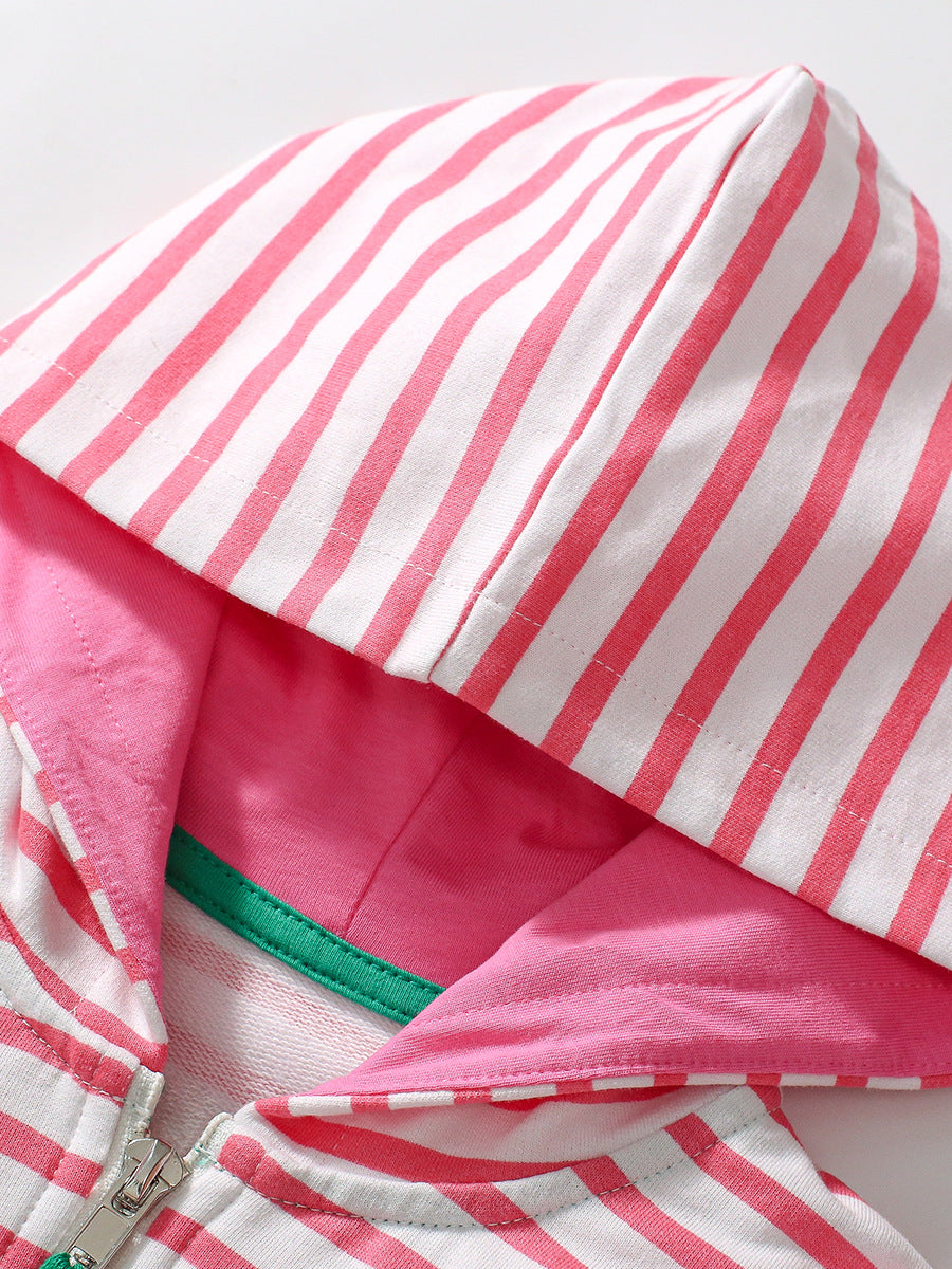 Pink zipper for baby girls featuring a strawberry cartoon design and striped pattern, made from soft cotton material.