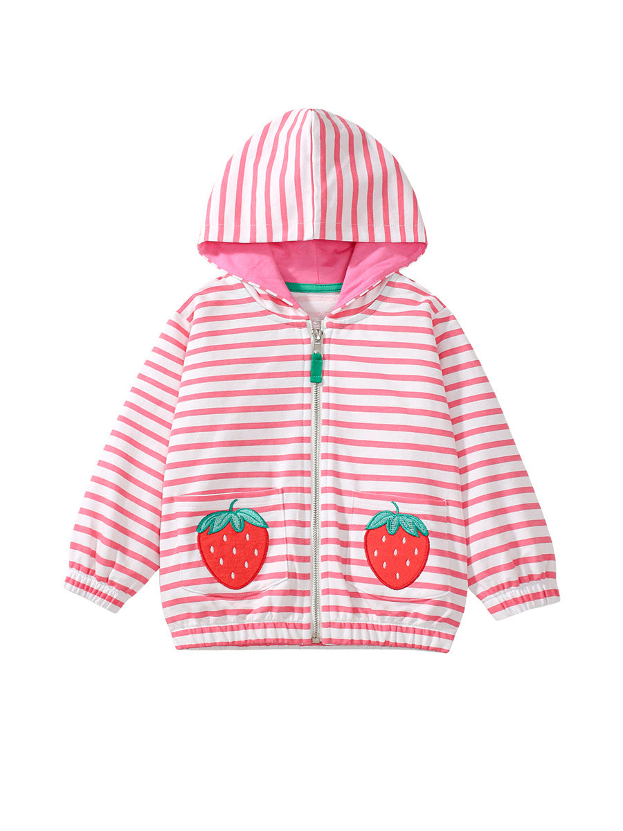 Pink zipper for baby girls featuring a strawberry cartoon design and striped pattern, made from soft cotton material.