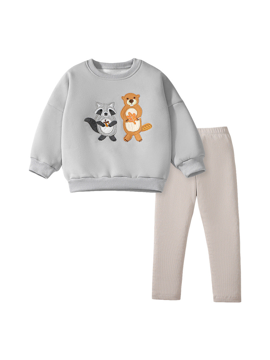 A grey boys casual outfit featuring cute cartoon animal appliqué embroidery, perfect for spring and autumn wear.