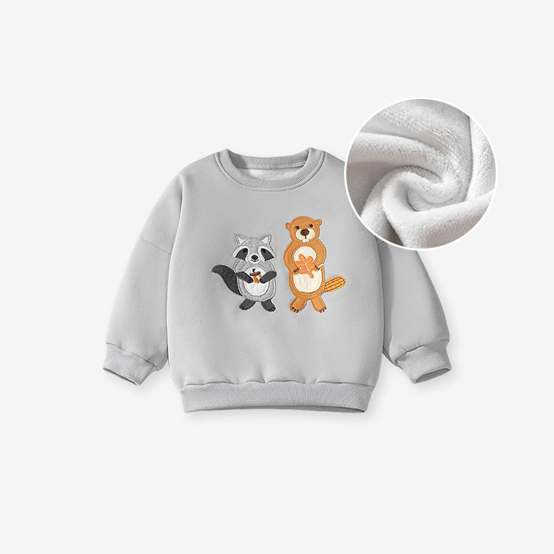 A grey boys casual outfit featuring cute cartoon animal appliqué embroidery, perfect for spring and autumn wear.