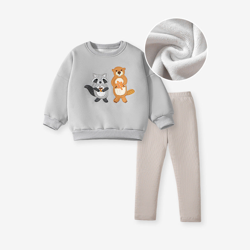 A grey boys casual outfit featuring cute cartoon animal appliqué embroidery, perfect for spring and autumn wear.