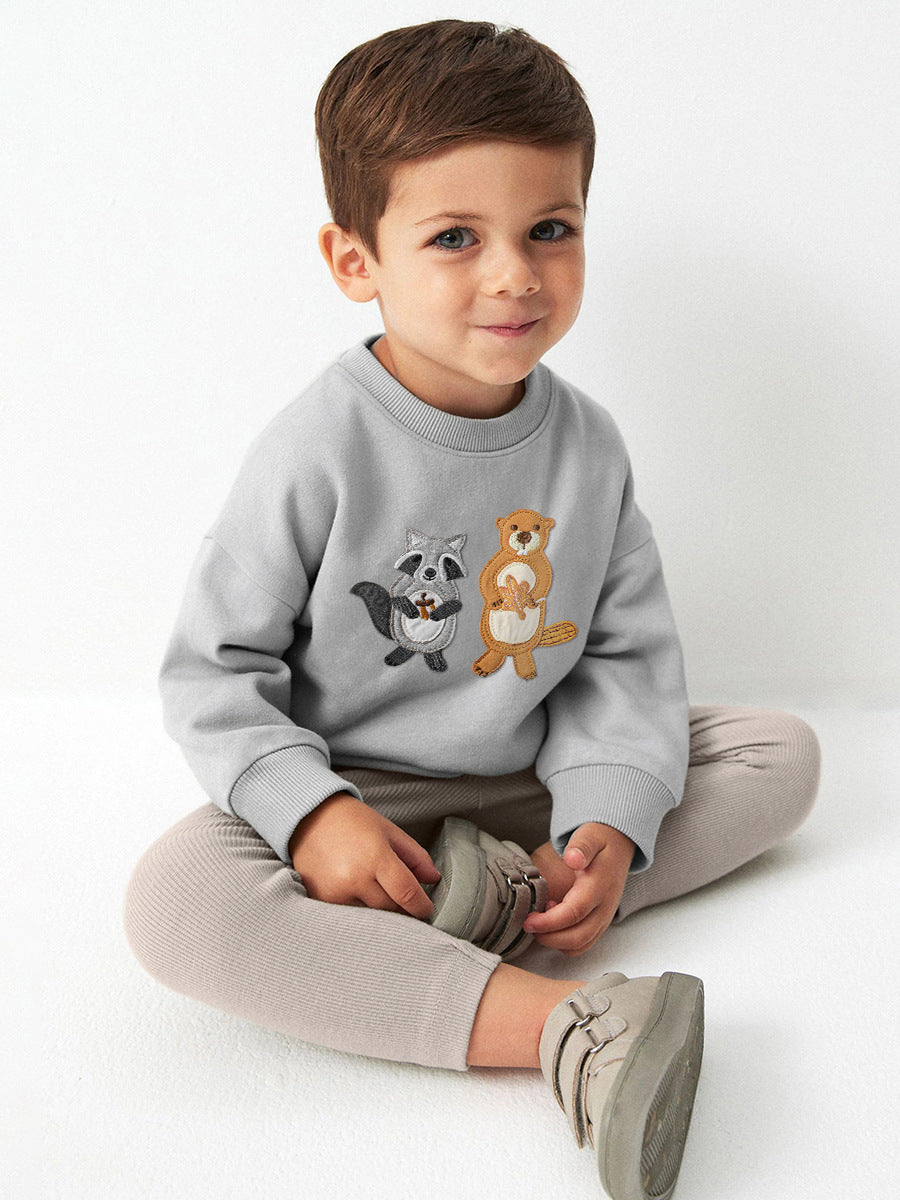 A grey boys casual outfit featuring cute cartoon animal appliqué embroidery, perfect for spring and autumn wear.