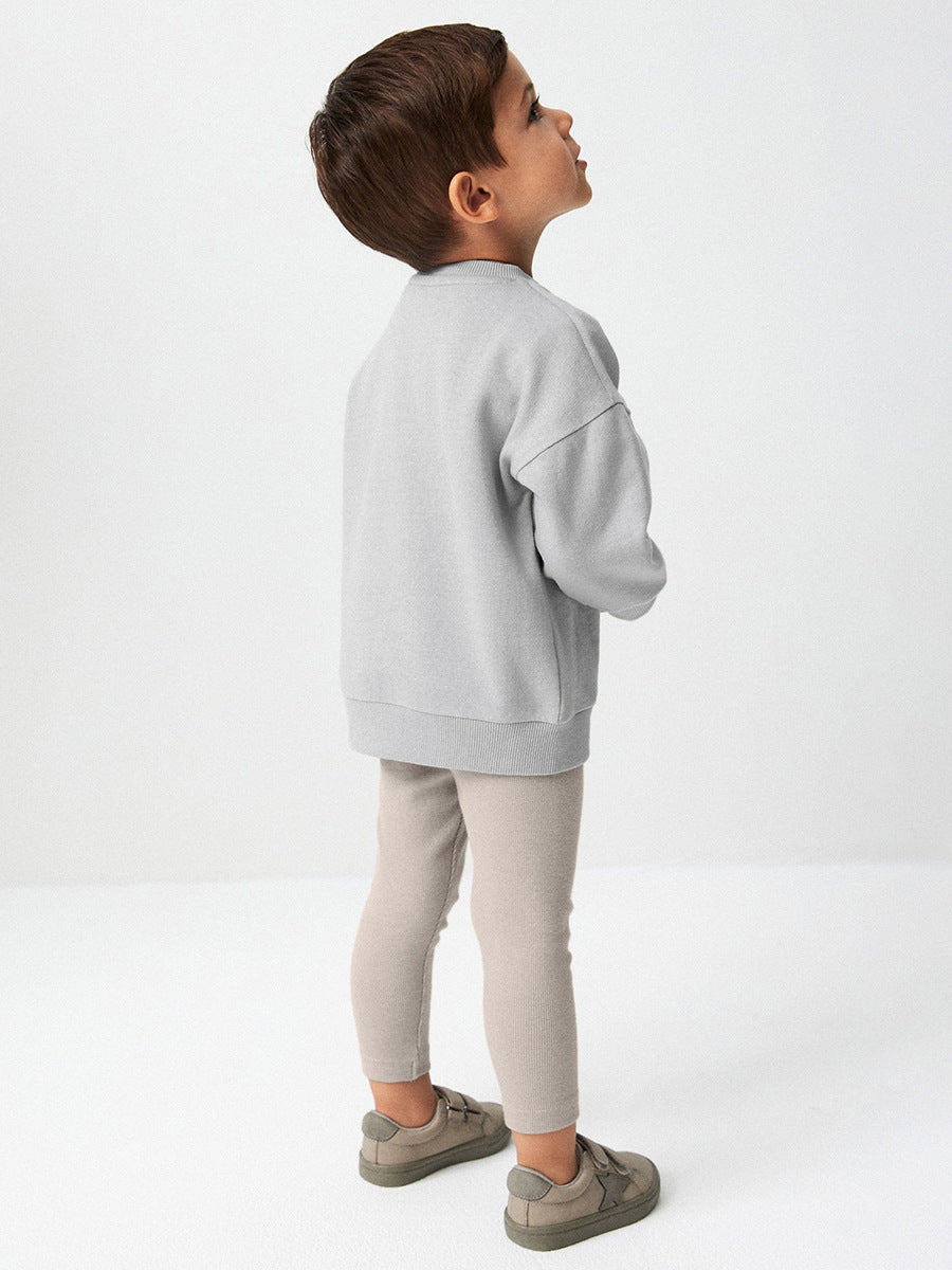 A grey boys casual outfit featuring cute cartoon animal appliqué embroidery, perfect for spring and autumn wear.