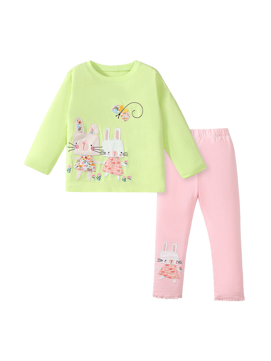 A vibrant green girls' outfit featuring cute rabbit appliqué embroidery, perfect for spring and autumn wear.