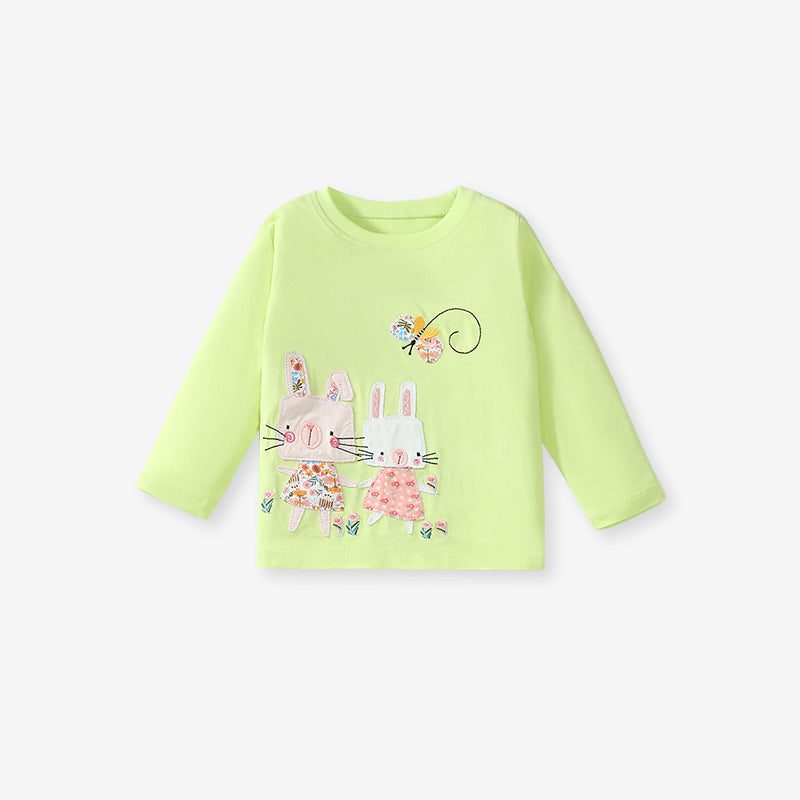 A vibrant green girls' outfit featuring cute rabbit appliqué embroidery, perfect for spring and autumn wear.