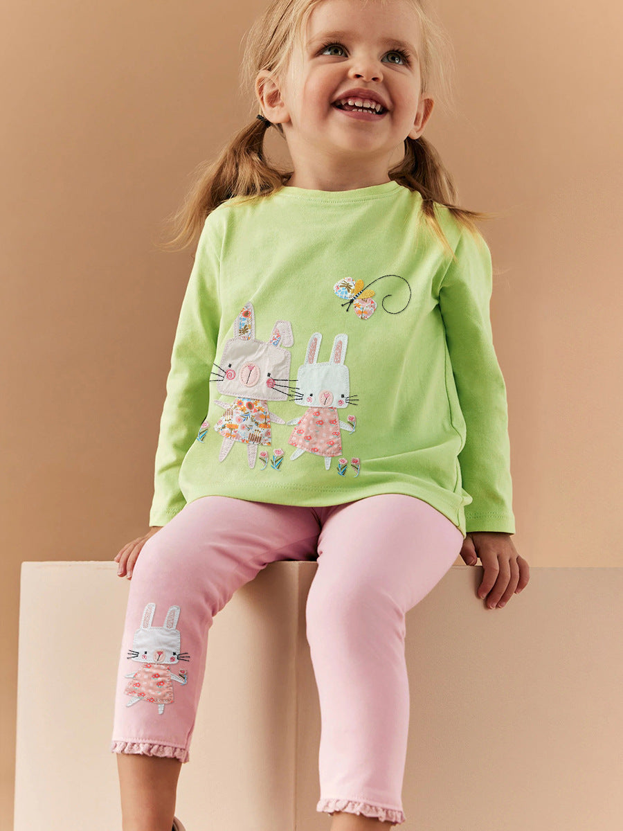 A vibrant green girls' outfit featuring cute rabbit appliqué embroidery, perfect for spring and autumn wear.