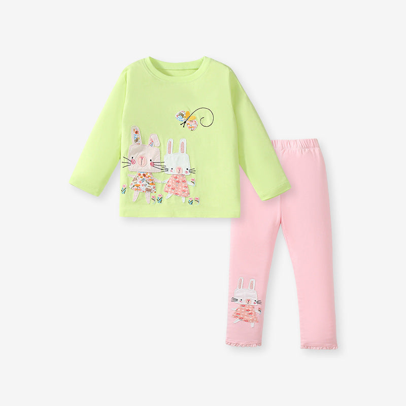 A vibrant green girls' outfit featuring cute rabbit appliqué embroidery, perfect for spring and autumn wear.