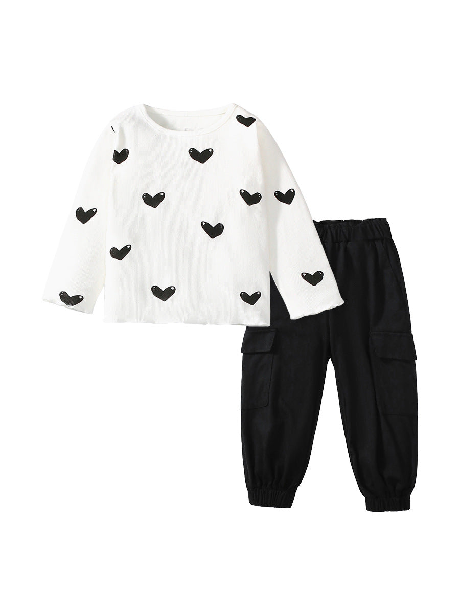 Girls casual black long sleeve shirt with heart print, perfect for spring and autumn wear.