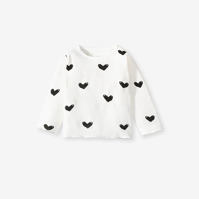 Girls casual black long sleeve shirt with heart print, perfect for spring and autumn wear.