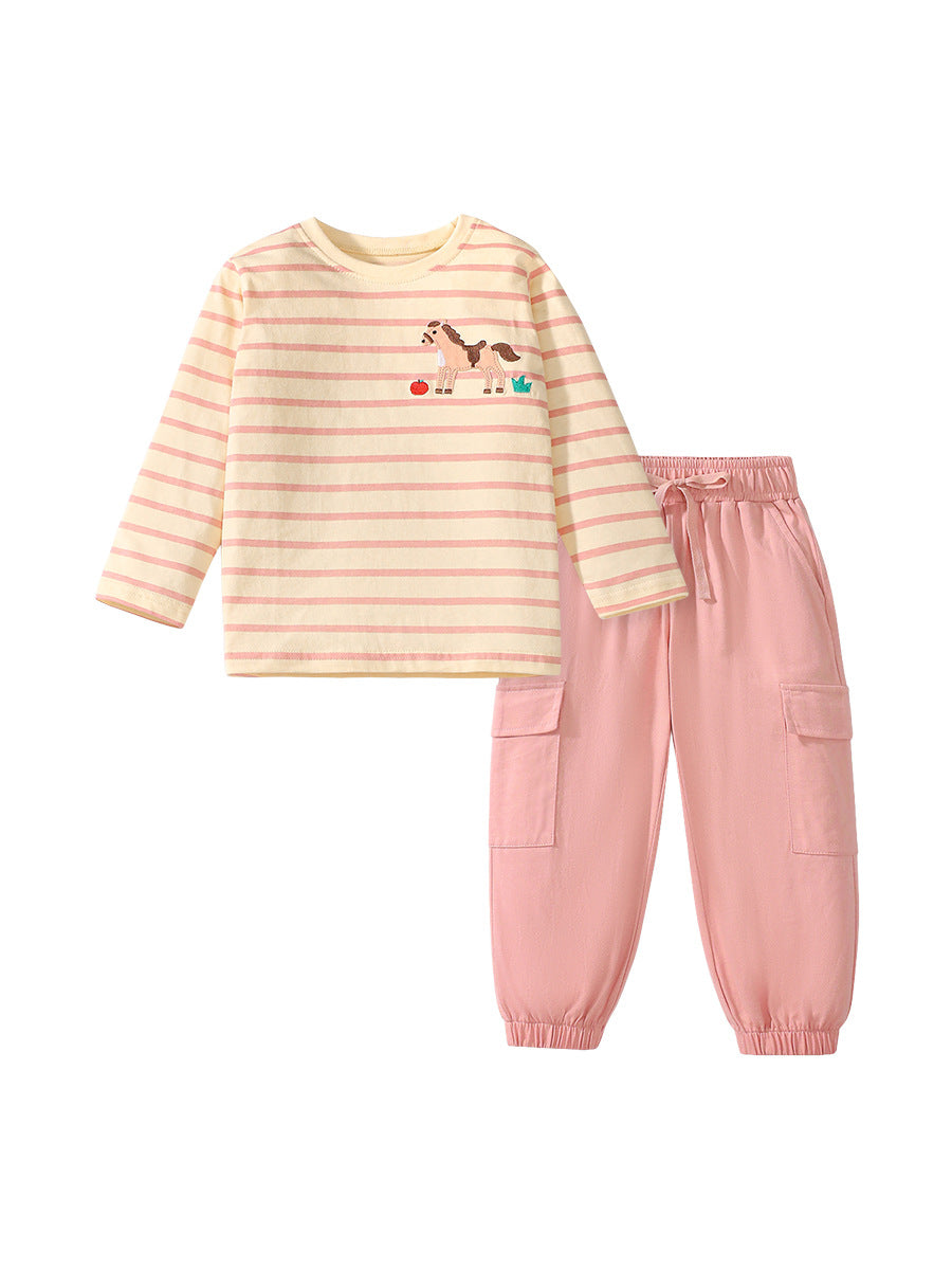 Pink long sleeves top for girls featuring a cute horse pattern, made from soft cotton, perfect for spring and autumn wear.