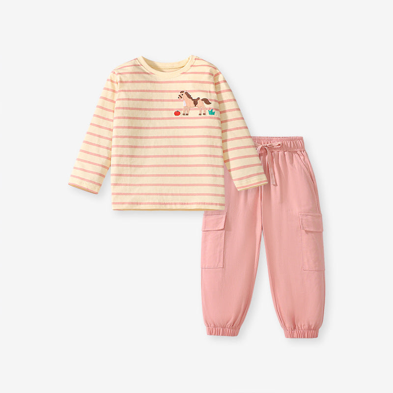 Pink long sleeves top for girls featuring a cute horse pattern, made from soft cotton, perfect for spring and autumn wear.