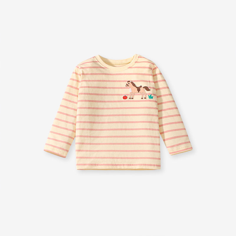 Pink long sleeves top for girls featuring a cute horse pattern, made from soft cotton, perfect for spring and autumn wear.