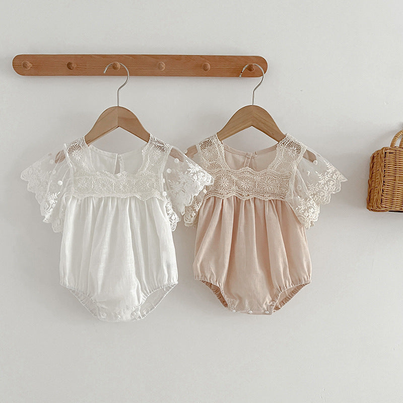 Beige embroidered tulle patchwork shorts for baby girls, perfect for summer wear.