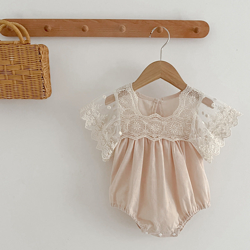 Beige embroidered tulle patchwork shorts for baby girls, perfect for summer wear.