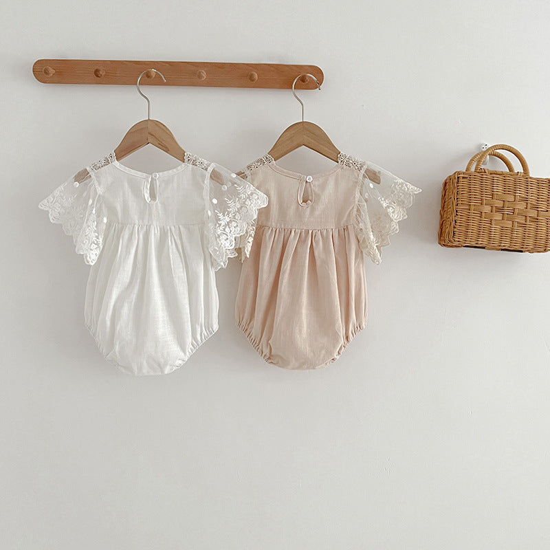 Beige embroidered tulle patchwork shorts for baby girls, perfect for summer wear.