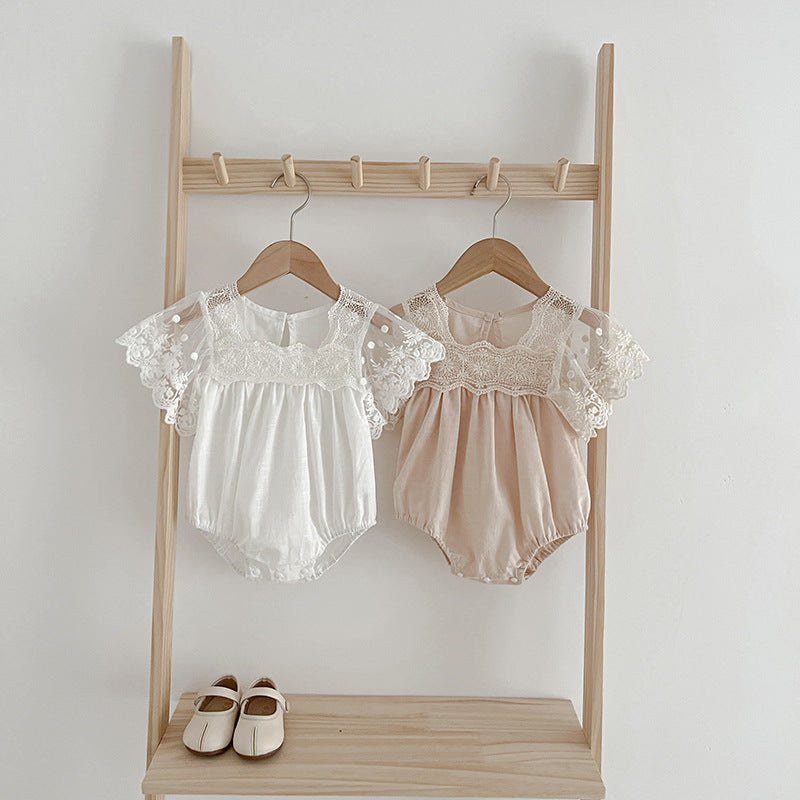 Beige embroidered tulle patchwork shorts for baby girls, perfect for summer wear.