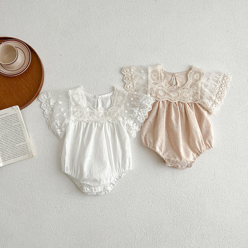 Beige embroidered tulle patchwork shorts for baby girls, perfect for summer wear.