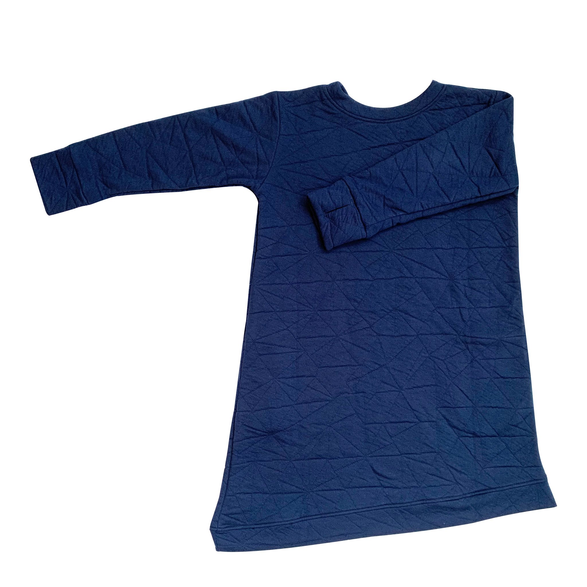 Youth Asymmetric Dress in Quilted Deep Blue featuring a hidden monster graphic pocket and thumbholes.