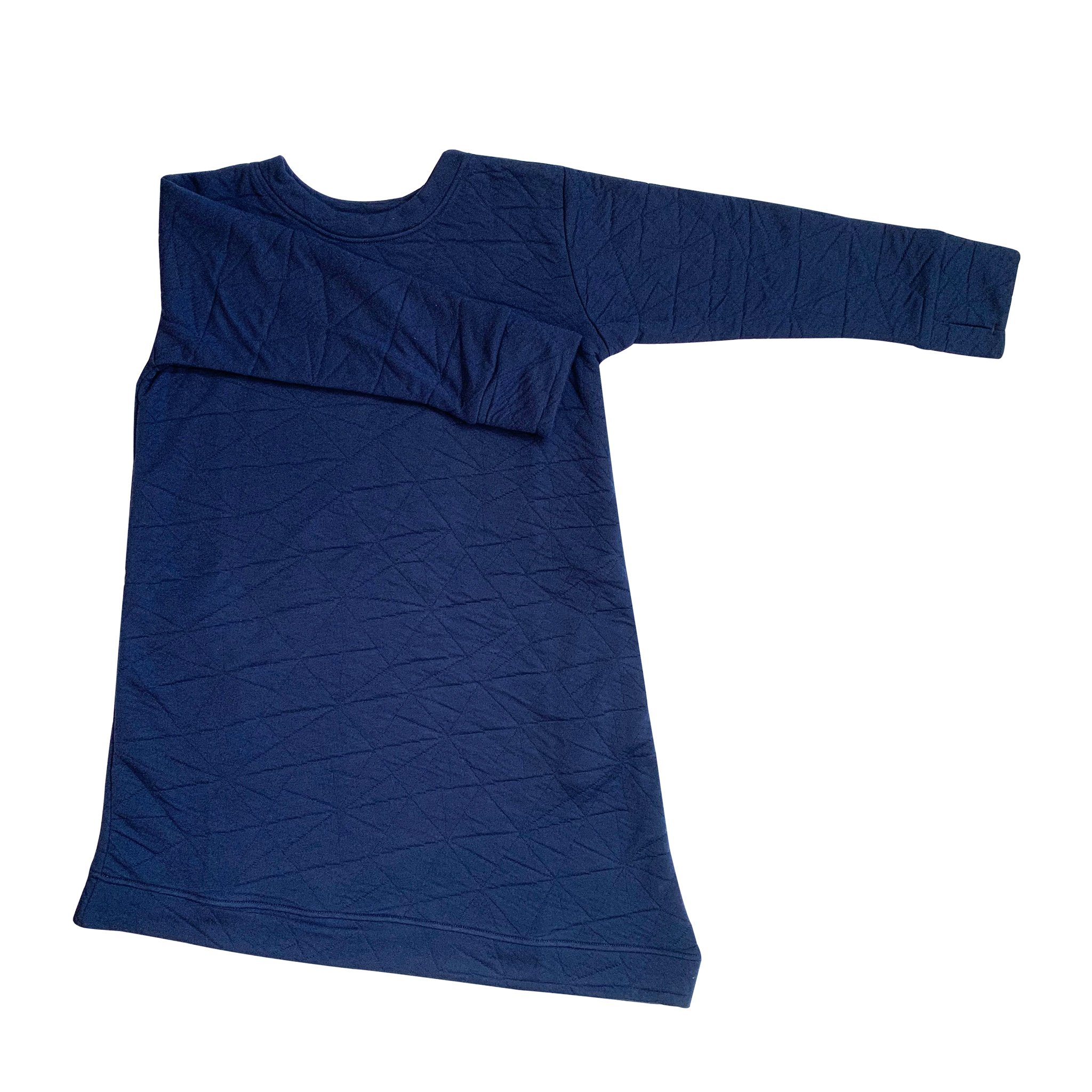 Youth Asymmetric Dress in Quilted Deep Blue featuring a hidden monster graphic pocket and thumbholes.