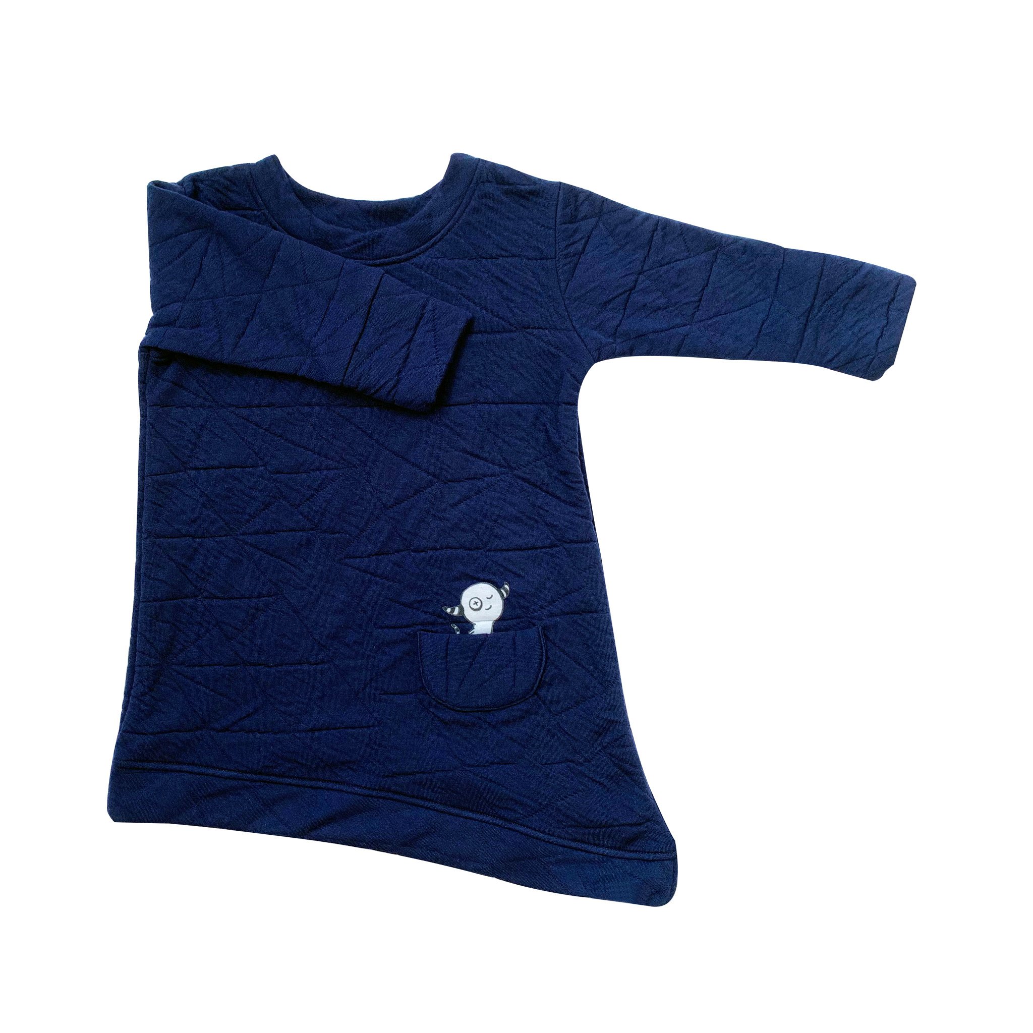 Asymmetric dress in quilted deep blue with a unique design, featuring a monster peek-a-boo pocket and thumbholes for toddlers.