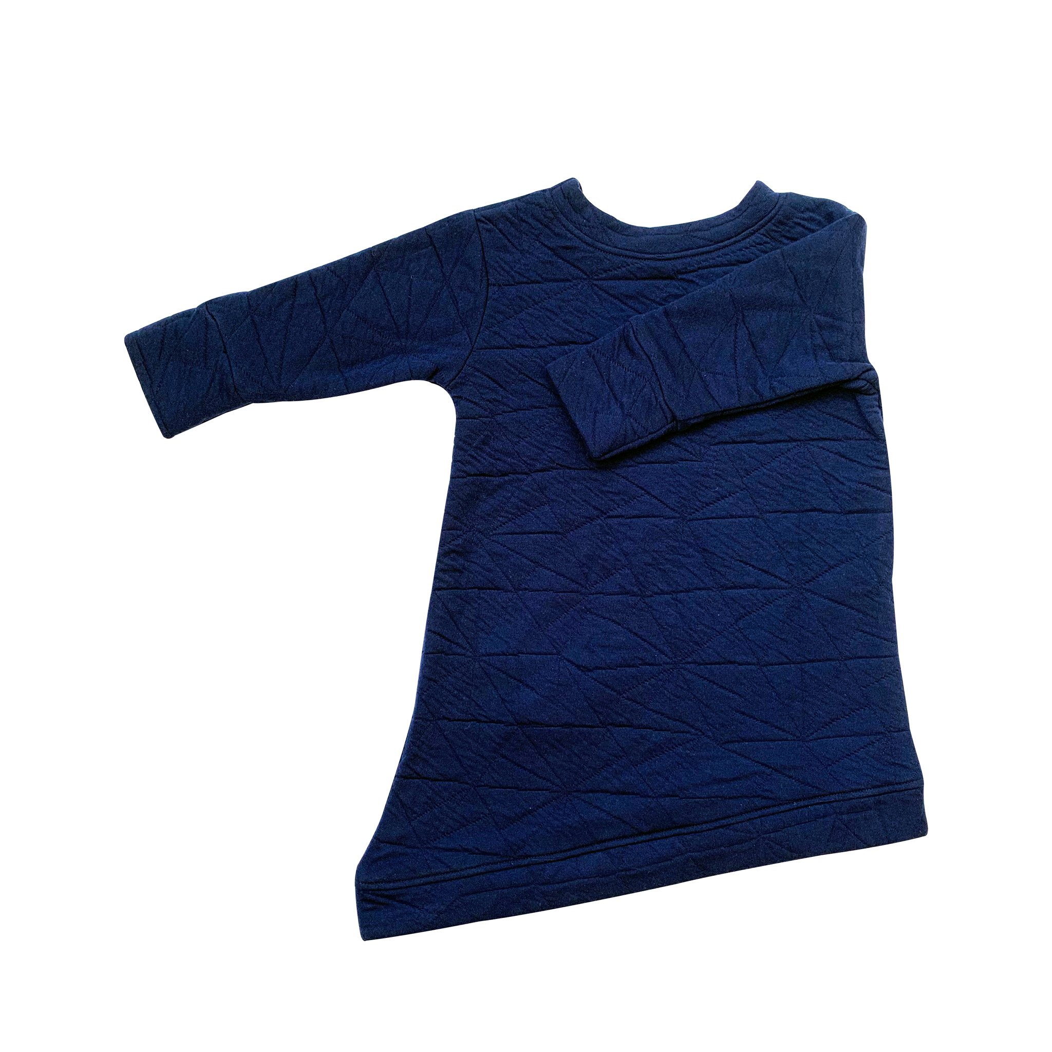 Asymmetric dress in quilted deep blue with a unique design, featuring a monster peek-a-boo pocket and thumbholes for toddlers.