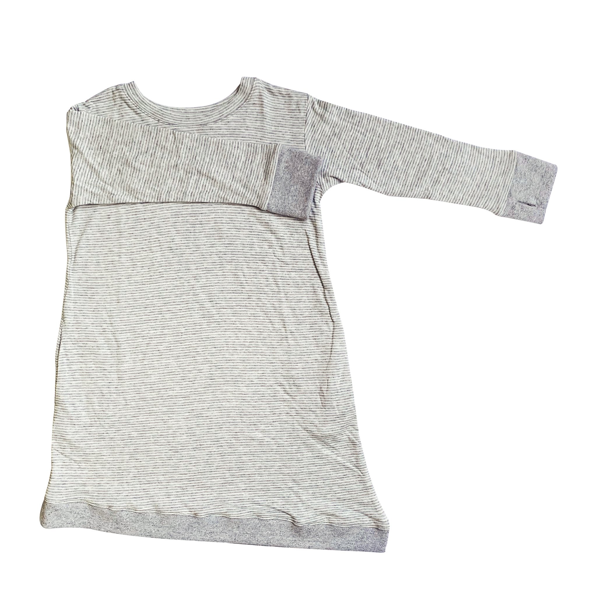 Youth asymmetric dress in grey with skinny stripes, featuring a hidden graphic pocket and thumbholes.