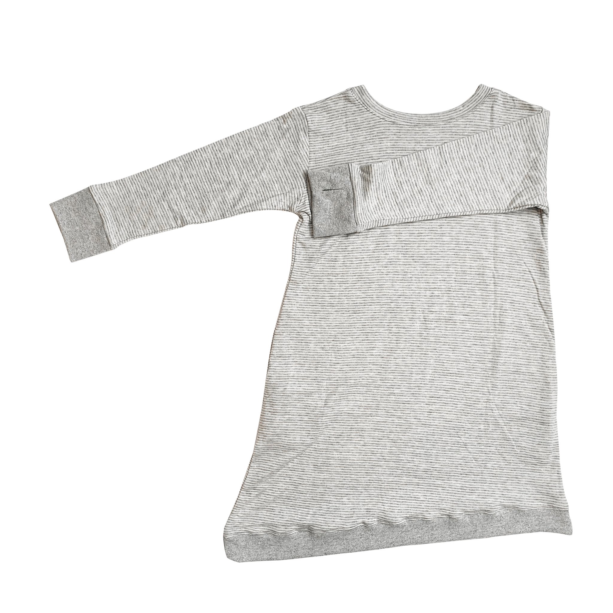 Youth asymmetric dress in grey with skinny stripes, featuring a hidden graphic pocket and thumbholes.