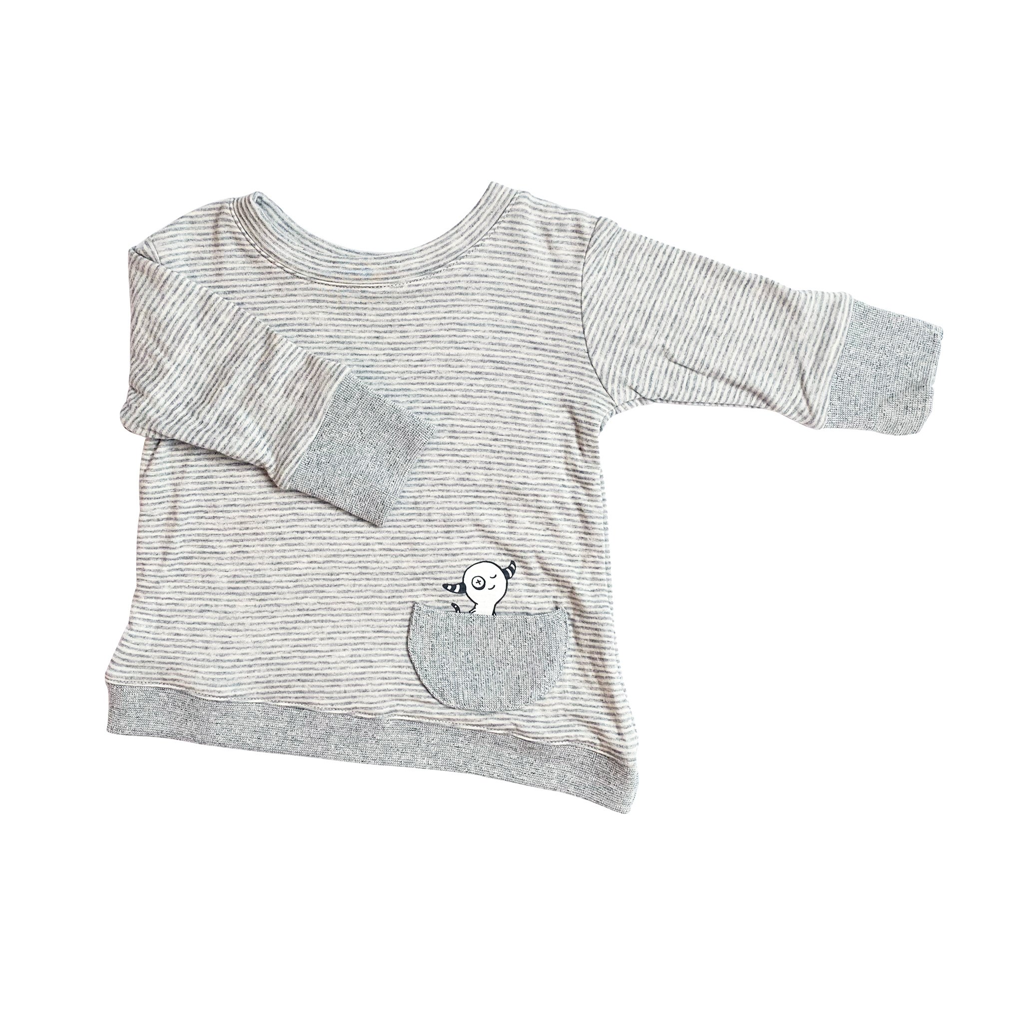 Asymmetric Pullover in Grey Skinny Stripes featuring a monster peek-a-boo front pocket and thumbholes for toddlers.