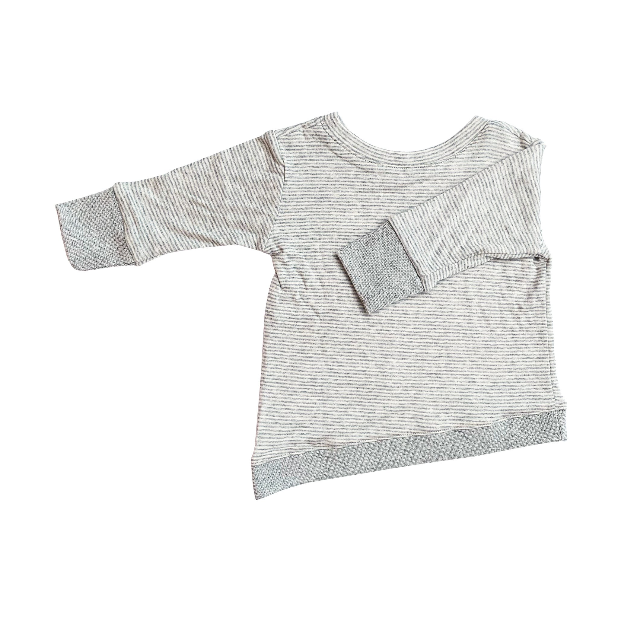 Asymmetric Pullover in Grey Skinny Stripes featuring a monster peek-a-boo front pocket and thumbholes for toddlers.