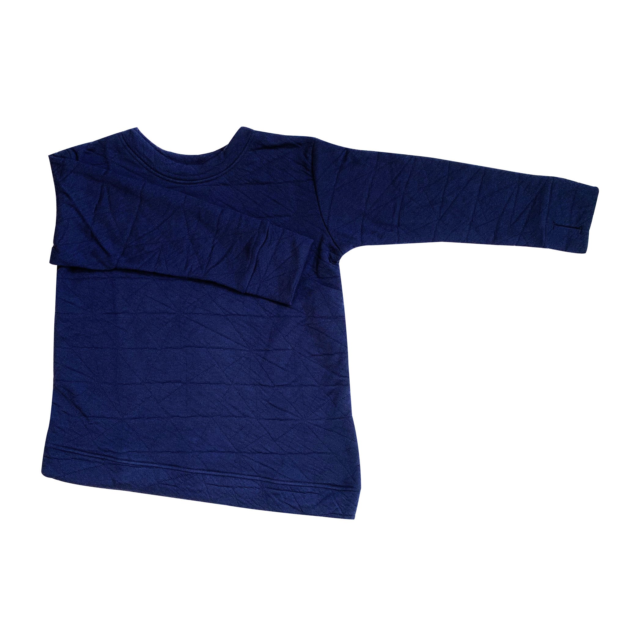 Youth Asymmetric Pullover in Quilted Deep Blue with hidden monster pocket and thumbholes, showcasing its unique design and soft fabric.