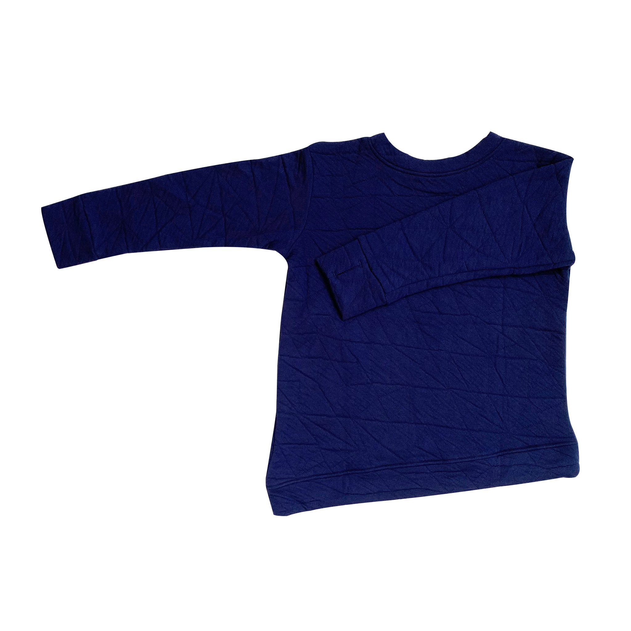 Youth Asymmetric Pullover in Quilted Deep Blue with hidden monster pocket and thumbholes, showcasing its unique design and soft fabric.