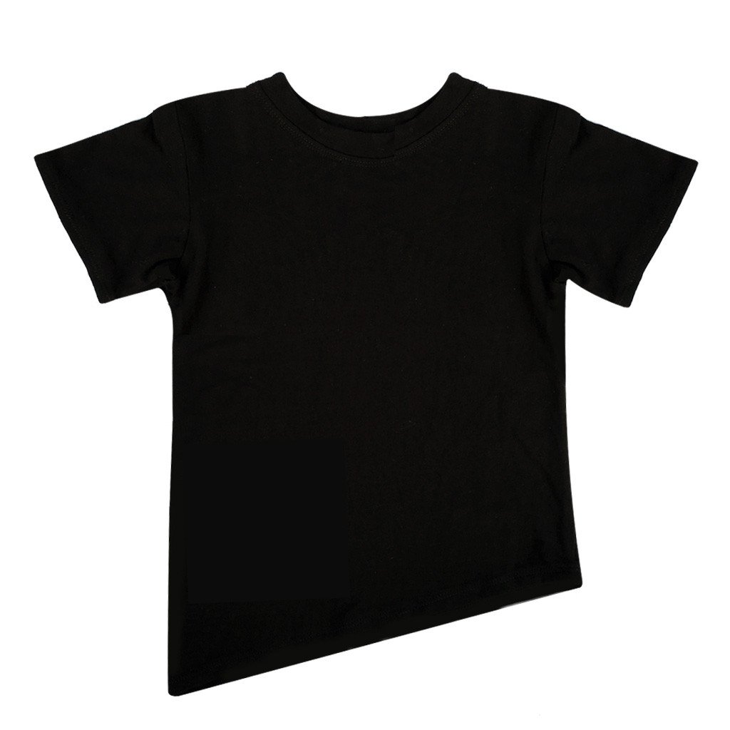 Asymmetric Tee in Black featuring a unique hem and monster pocket design, made from soft rayon modal fabric.