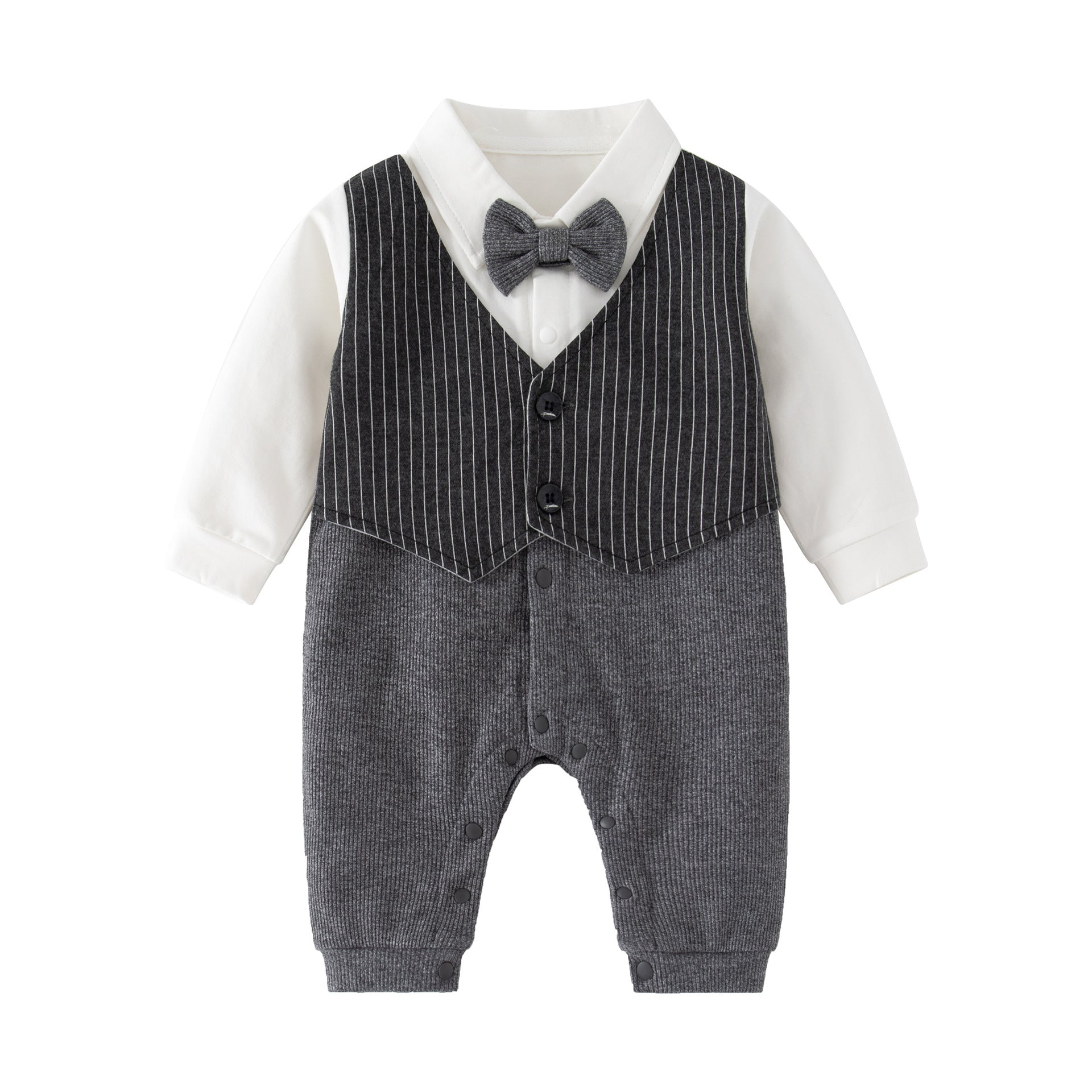 A stylish grey striped romper for baby boys, perfect for autumn and birthday celebrations.