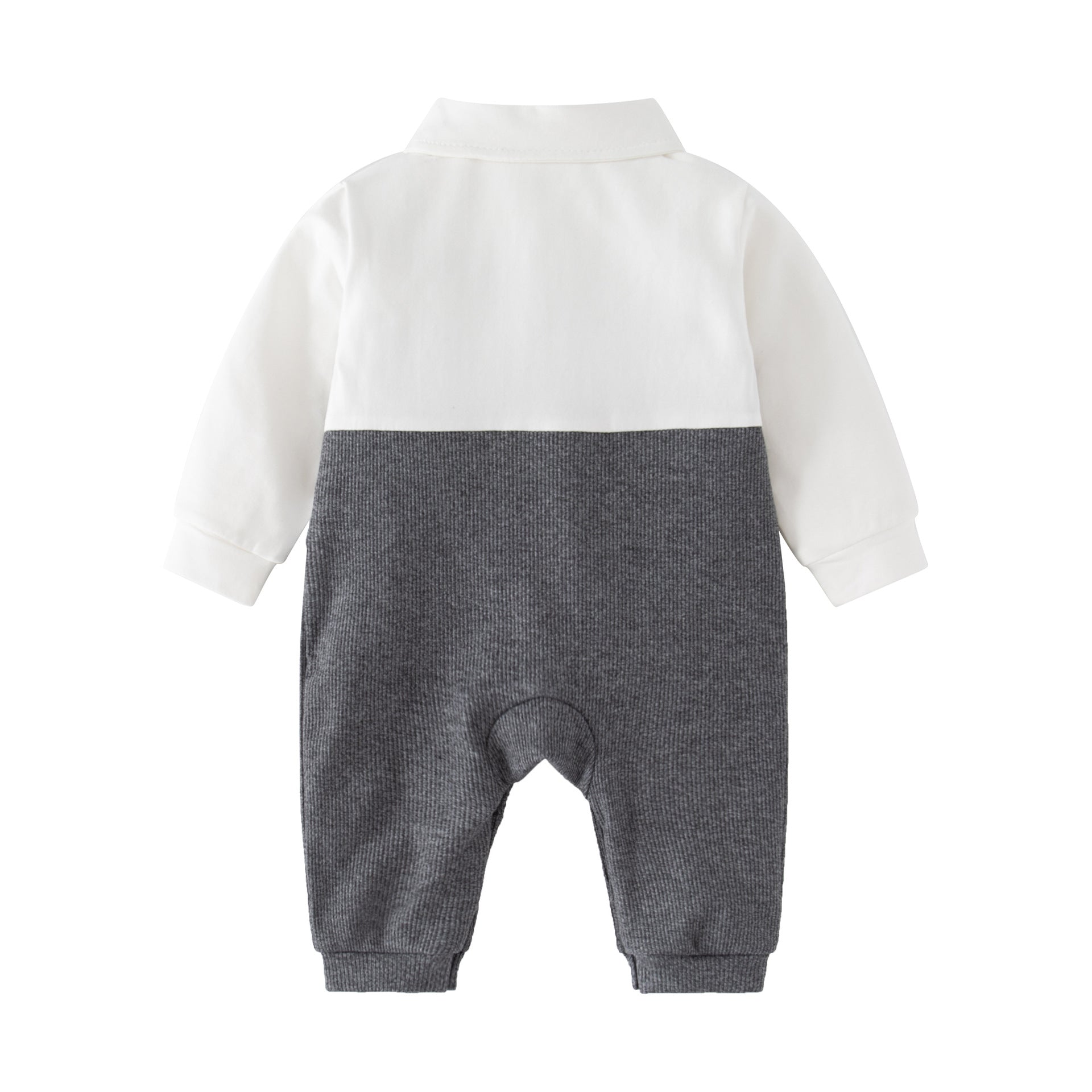 A stylish grey striped romper for baby boys, perfect for autumn and birthday celebrations.