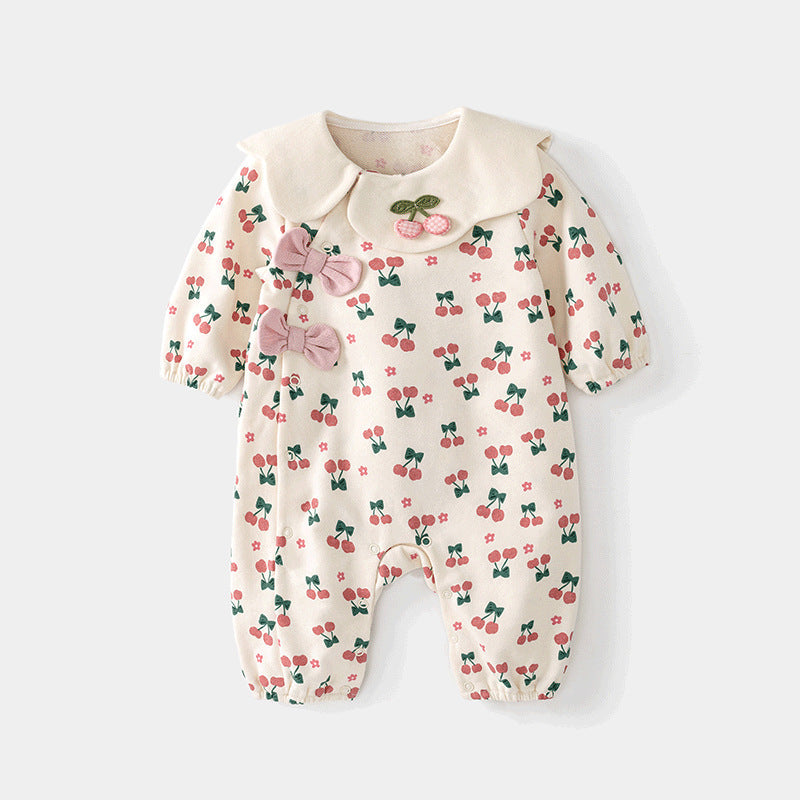 Autumn Baby Girl Cherry Pattern Flower Neck Rompers in pink cotton, featuring a floral design and a stylish neck detail.