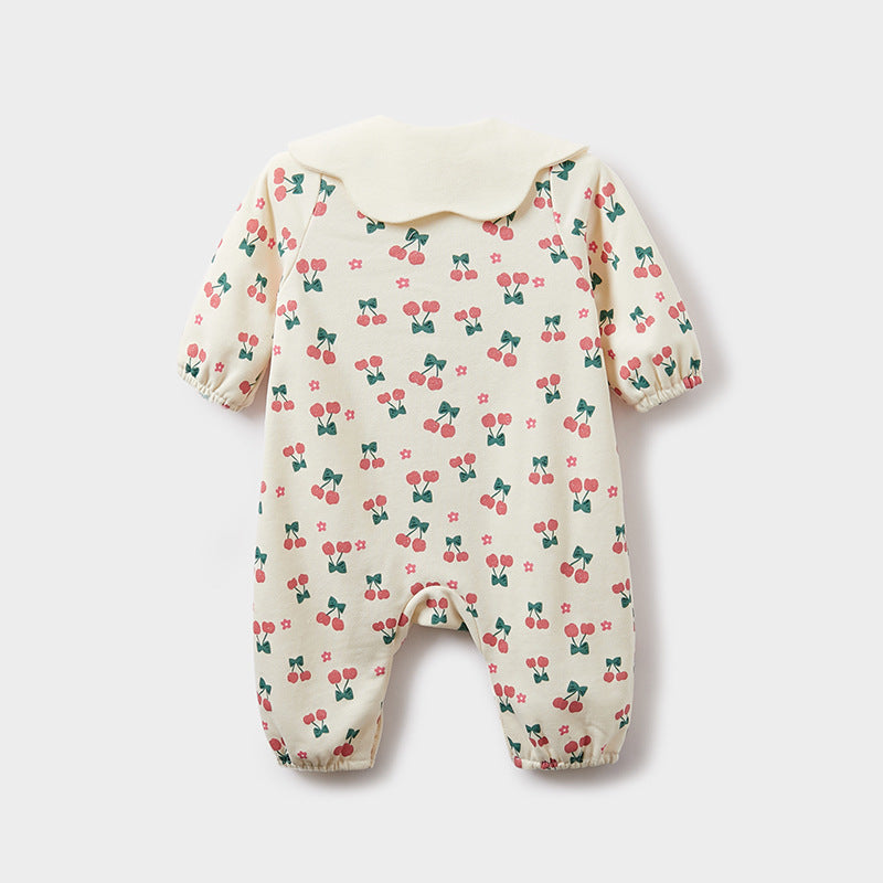 Autumn Baby Girl Cherry Pattern Flower Neck Rompers in pink cotton, featuring a floral design and a stylish neck detail.