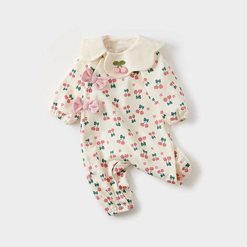 Autumn Baby Girl Cherry Pattern Flower Neck Rompers in pink cotton, featuring a floral design and a stylish neck detail.