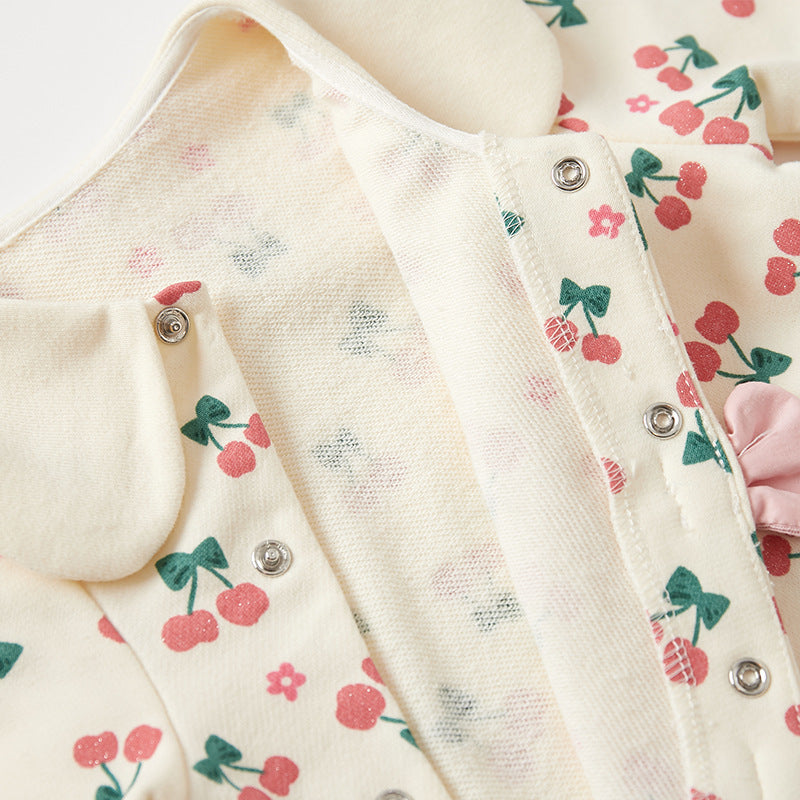 Autumn Baby Girl Cherry Pattern Flower Neck Rompers in pink cotton, featuring a floral design and a stylish neck detail.