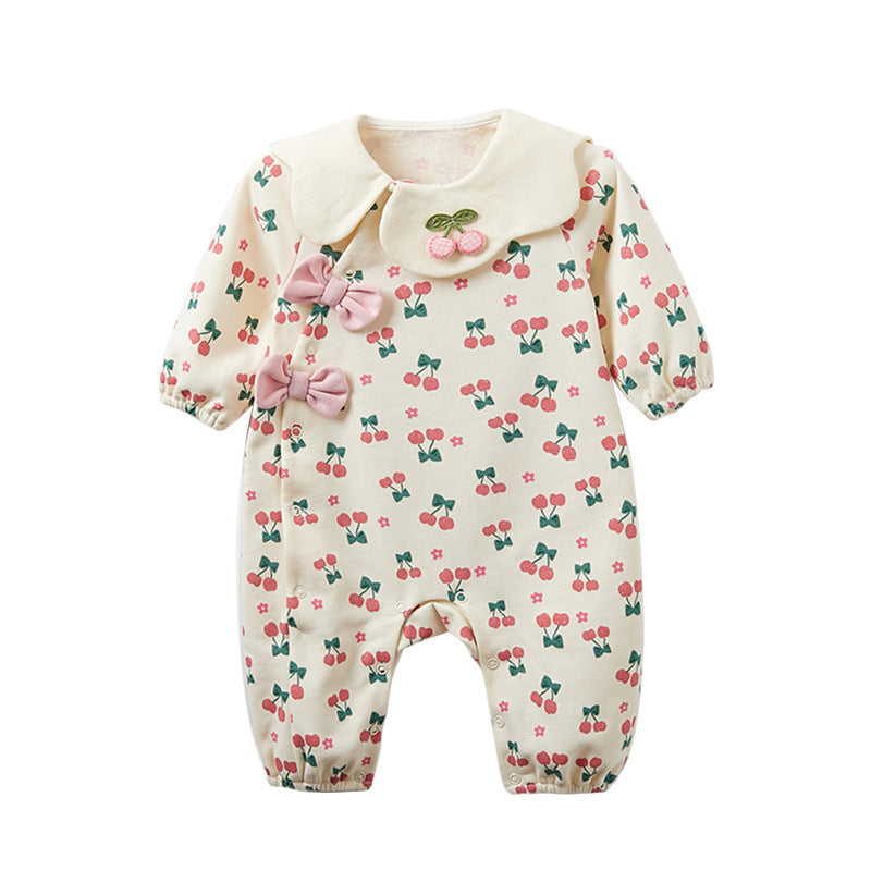 Autumn Baby Girl Cherry Pattern Flower Neck Rompers in pink cotton, featuring a floral design and a stylish neck detail.