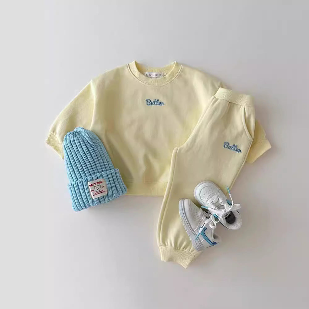 Autumn Baby Kids Unisex Casual Letter Embroidery Pullover and Pants in pink, blue, yellow, and grey colors, showcasing soft cotton material and playful design.