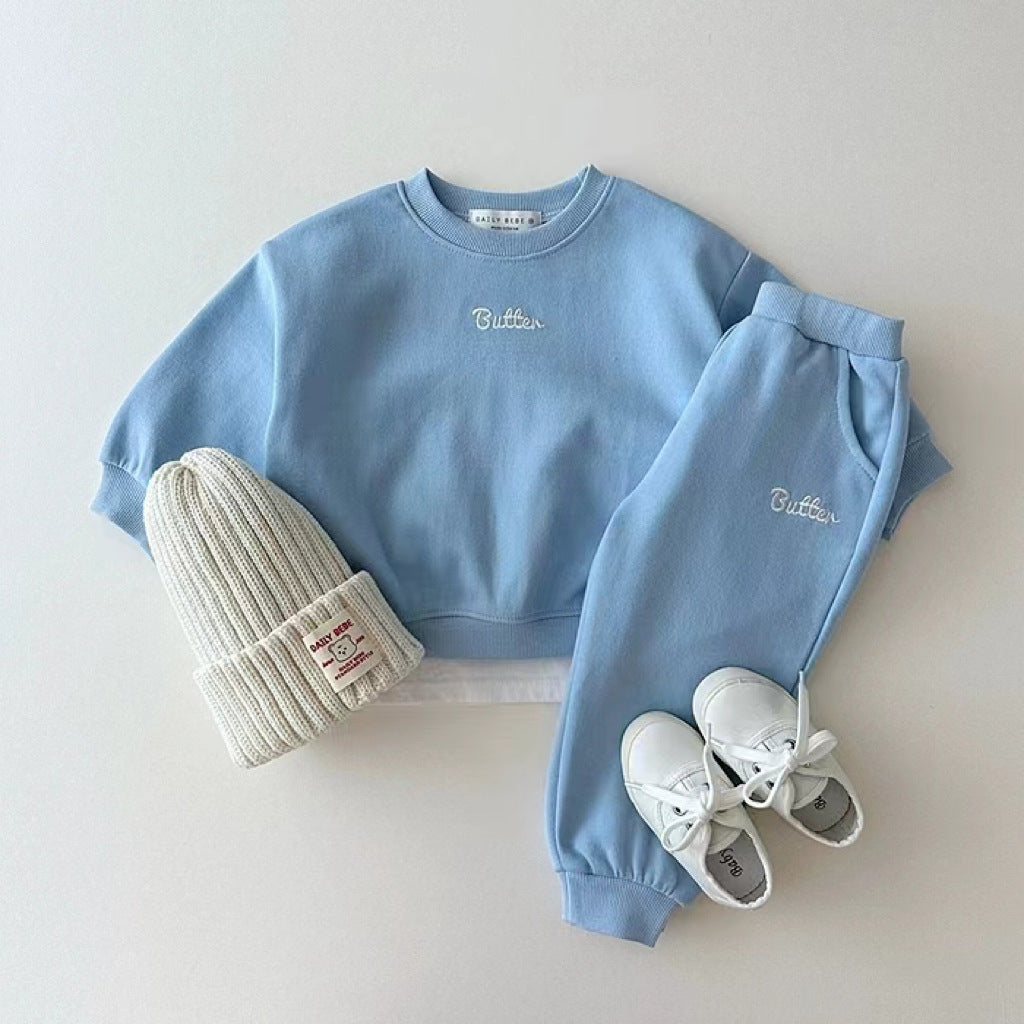 Autumn Baby Kids Unisex Casual Letter Embroidery Pullover and Pants in pink, blue, yellow, and grey colors, showcasing soft cotton material and playful design.