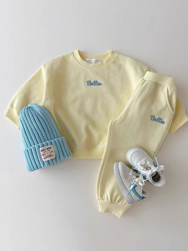 Autumn Baby Kids Unisex Casual Letter Embroidery Pullover and Pants in pink, blue, yellow, and grey colors, showcasing soft cotton material and playful design.