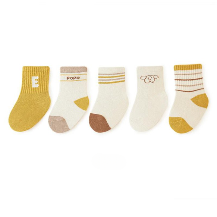 A collection of colorful baby socks featuring cartoon prints in pink, blue, green, yellow, and grey, suitable for both boys and girls.