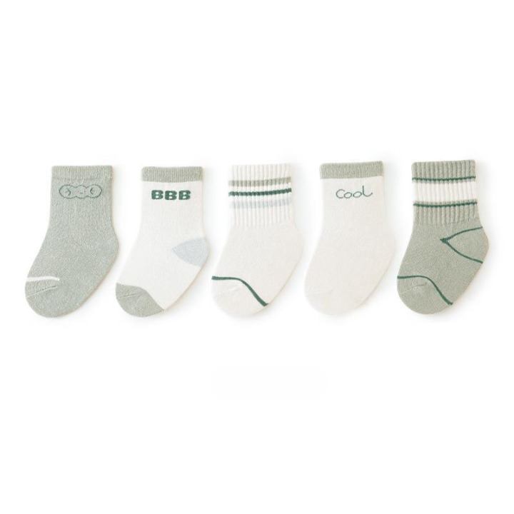 A collection of colorful baby socks featuring cartoon prints in pink, blue, green, yellow, and grey, suitable for both boys and girls.