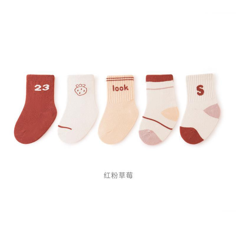 A collection of colorful baby socks featuring cartoon prints in pink, blue, green, yellow, and grey, suitable for both boys and girls.